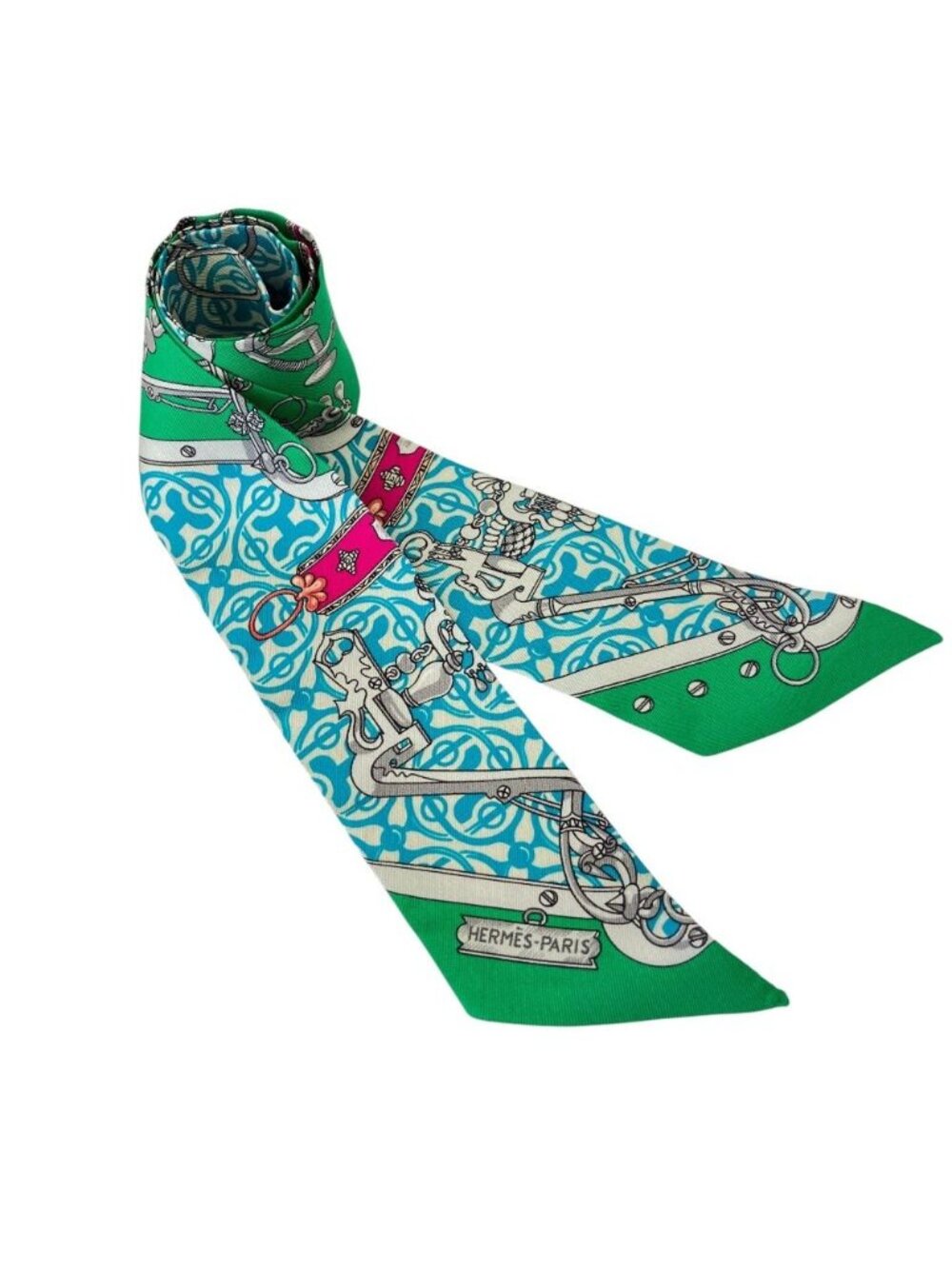 Hermes Mors Et Gourmettes Remix Horsemanship and Chains Twilly Scarf Green - Picture 1 of 6